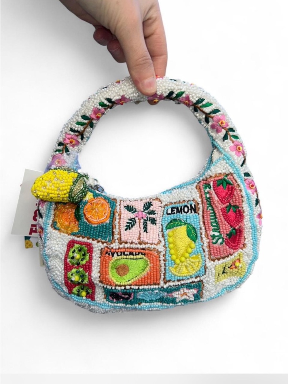 viral fruit stamp floral lemon beaded mini shoulder bag made in india